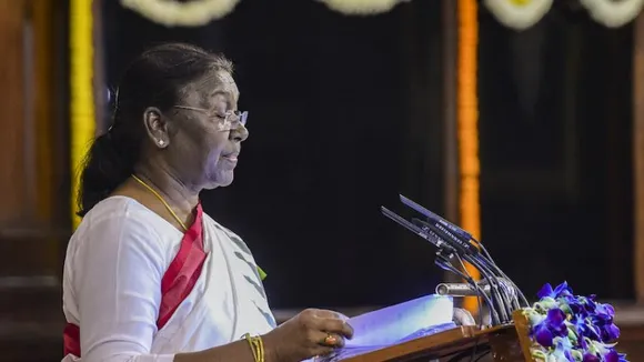 President Droupadi Murmu speaks after taking oath in the Central Hall of Parliament, in New Delhi, Monday