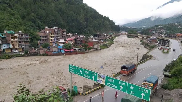 Beas river in spate following monsoon rains in Kullu