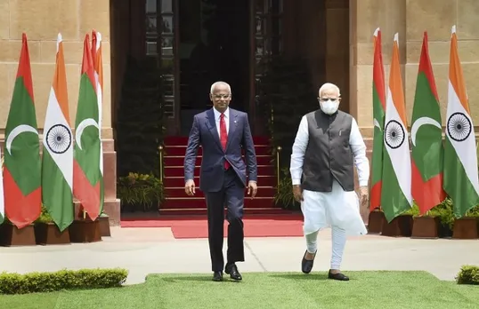 Prime Minister Narendra Modi with Maldives President Ibrahim Mohamed Solih prior to their meeting, at Hyderabad House in New Delhi