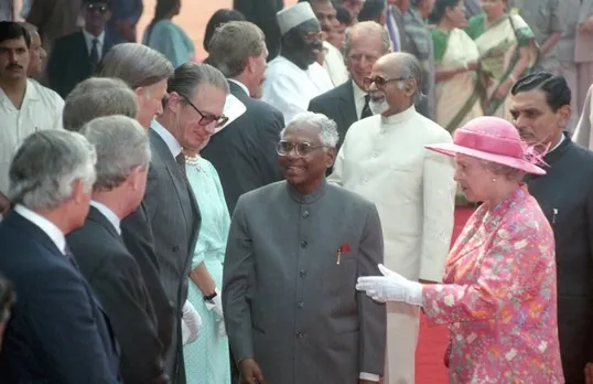 In this file photo dated Oct. 13, 1997, Queen Elizabeth II with former President KR Narayan during her ceremonial reception in Delhi