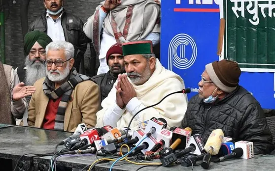 SKM leaders Dr. Darshan Pal, Yogendra Yadav Hannan Mollah, Jagjit Singh Dallewal, Joginder Singh Ugrahan, Rakesh Tikait, and Shiv Kumar Sharma (Kakka ji) addressing a press conference (File photo)