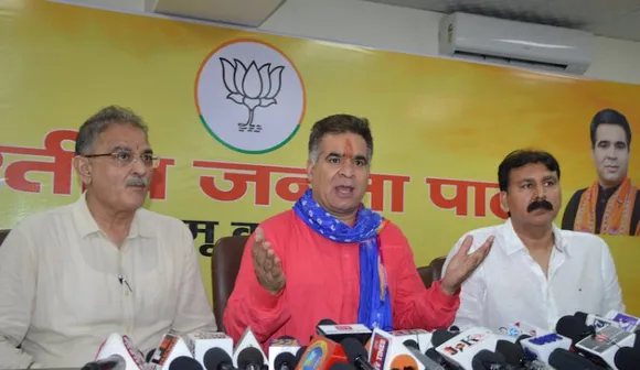 J & K BJP President Ravinder Raina addresses a press conference, at the party office, in Jammu, Tuesday, July 5, 2022.