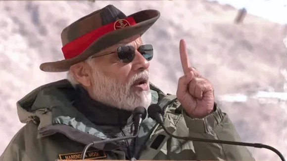 Prime Minister Narendra Modi addresses Indian Army personnel during Diwali festival celebrations, in Kargil district, Monday
