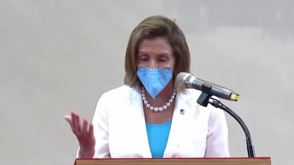 US Speaker Nancy Pelosi speaking at a press conference in Taiwan