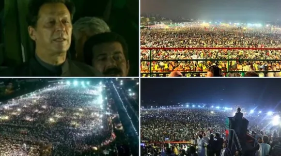 Imran Khan addressing a massive rally in Karachi on Saturday