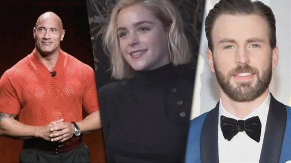 (left to right) Dwayne Johnson, Kiernan Shipka and Chris Evans