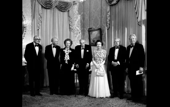 File photo dated 4/12/1985 of Margaret Thatcher joined by Queen Elizabeth II and five former PMs at 10 Downing Street, London, as the PM hosted a dinner celebrating the 250th anniversary of the residence becoming the London home of Prime Ministers. (L-R) James Callaghan, Lord Home, Harold Macmillan, Margaret Thatcher, Lord Stockton, the Queen, Lord Wilson and Edward Heath