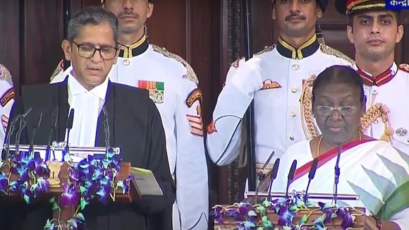Chief Justice of India NV Ramana administers the oath of office to Droupadi Murmu as the 15th President of India.