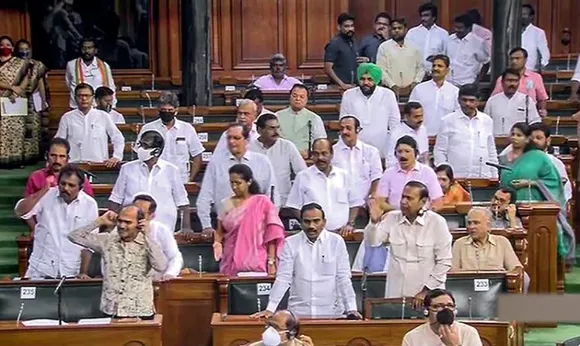 Opposition MPs in the Lok Sabha during ongoing Monsoon Session of Parliament, in New Delhi, Wednesday
