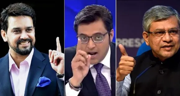 (L-R) Anurag Thakur, Arnab Goswami and Ashwini Vaishnaw