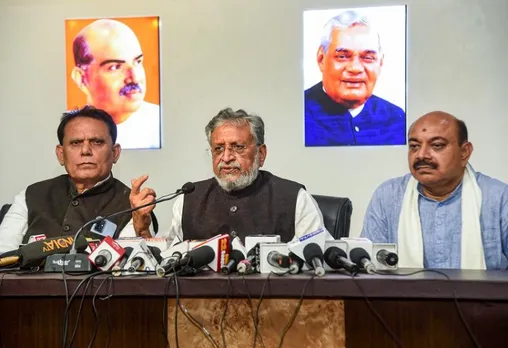 Sushil Kumar addressing media conference in Patna, Bihar