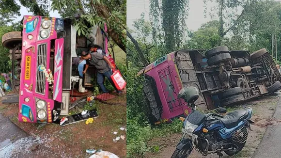 ನಿಯಂತ್ರಣ ತಪ್ಪಿ ಖಾಸಗಿ ಬಸ್​ ಪಲ್ಟಿ.. 20ಕ್ಕೂ ಅಧಿಕ ಪ್ರಯಾಣಿಕರಿಗೆ ತೀವ್ರ ಗಾಯ