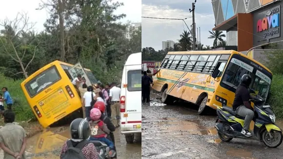 BUS FALLS INTO A POTHOLE NEAR PANATHUR
