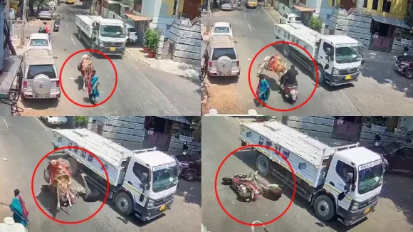Bengaluru: Truck driver’s presence of mind saves biker’s life after getting struck by bull