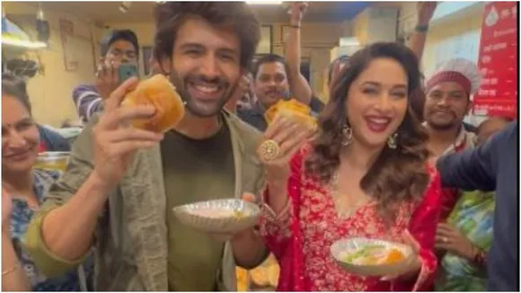 Kartik Aaryan and Madhuri Dixit relish vada pav in Pune while promoting ‘Bhool Bhulaiyaa 3’
