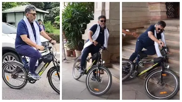 Bengaluru:DK Shivakumar takes a tumble during cycling at Vidhana Soudha, laughs it off