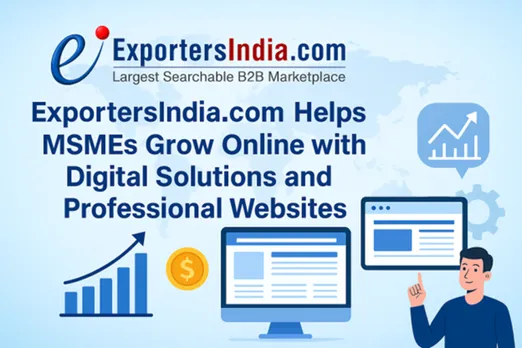 ExportersIndia.com homepage on laptop, symbolizing Indian MSMEs connecting with global buyers online