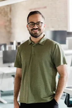 Karan Khanna portrait with digital product management and AI concept graphics background