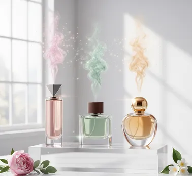 Young Indian woman sampling a small-batch perfume bottle at an intimate fragrance salon with attar bottles and jasmine flowers on the table.