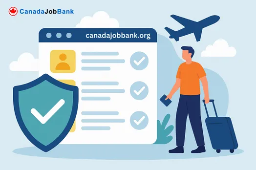 CanadaJobBank.org employment portal showing Canada jobs, LMIA updates and NOC codes on screen