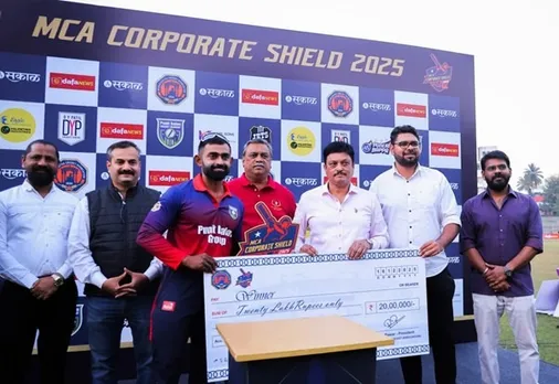 Punit Balan Cricket Academy lifting MCA Corporate Shield 2025 trophy after beating Kapil Sons by 89 runs