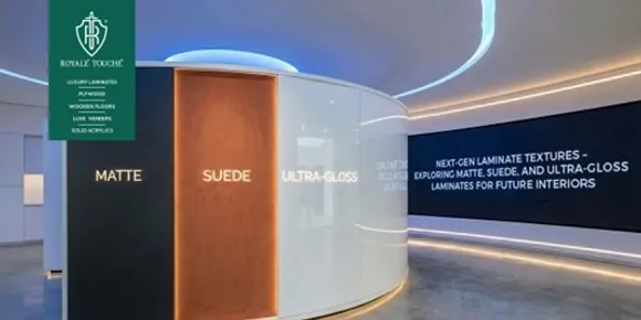 Living room interior showcasing Royale Touche matte, high gloss, suede and leather finish laminates on furniture and wall panels