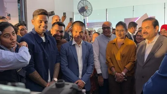 Suryakumar Yadav, Sunil Chhetri and Viraj Ghelani at Navi Mumbai International Airport opening with Gautam Adani