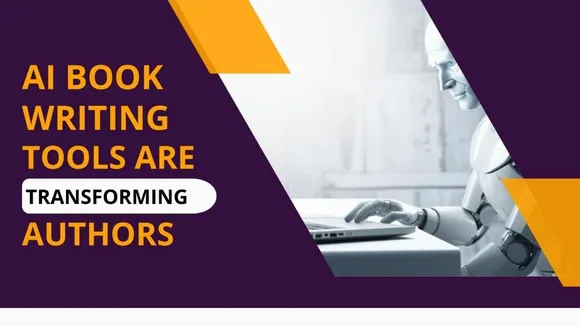 AI-assisted book writing concept showing authors using artificial intelligence tools to generate ideas and drafts.