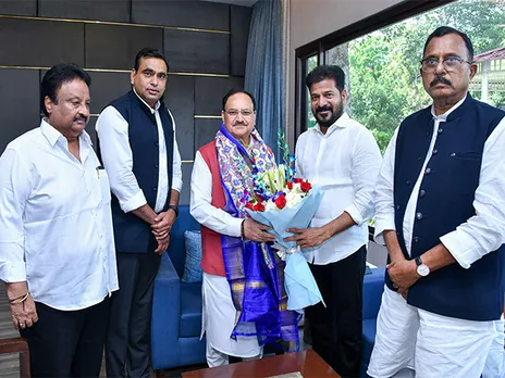 Chief Minister Revanth Reddy meets Union Minister JP Nadda (Photo/ANI)