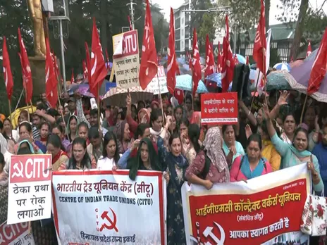 Nationwide strike called by central trade unions and farmer organisations, workers across Himachal Pradesh join protests. (Photo/ANI)
