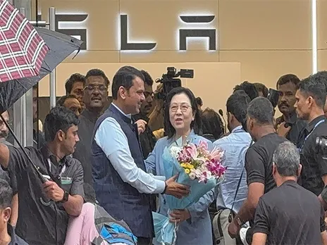 Maharashtra CM  Fadnavis at  Tesla showroom in Mumbai (Photo/ANI)
