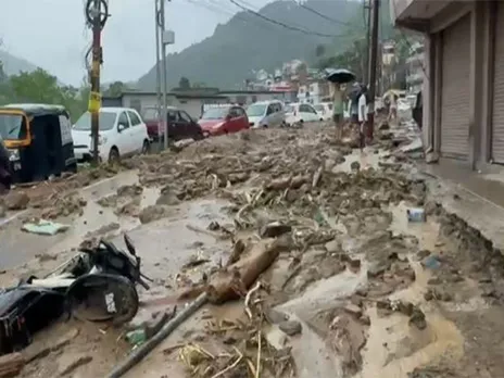 Roads badly affected due to rainfall in Mandi, Himachal Pradesh (Photo/ANI)