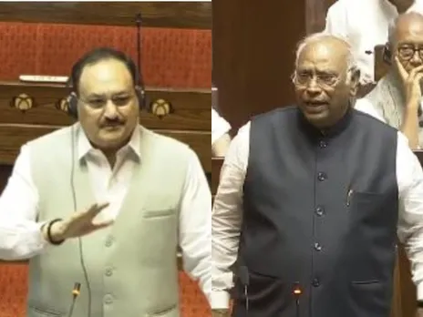 JP Nadda and Mallikarjun Kharge during Op Sindoor debate in Rajya Sabha (Photo: Sansad TV)