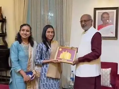Maharashtra Governor CP Radhakrishnan (L) and Divya Deshmukh (R). (Photo: Dio, Nagpur)