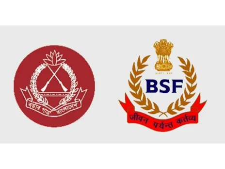 Logos of the Border Guard Bangladesh (left) and India’s Border Security Force (right) (Image: X/@DDIndialive)