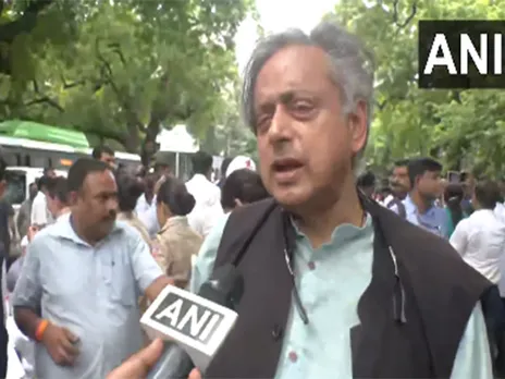 Congress MP Shashi Tharoor at INDIA bloc march (Photo/ANI)