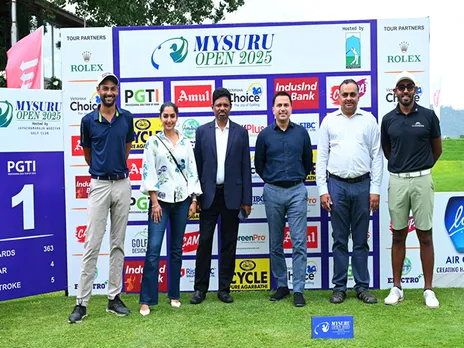 Golfer Angad Cheema (Left most) and PGTI Order of Merit leader Yuvraj Sandhu (Right most) with PGTI officials at inauguration of Mysuru Open 2025 (Image: PGTI)