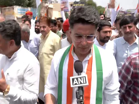 Congress leader Sachin Pilot at his party's protest rally in Rajasthan's Jaipur on Wednesday against "vote theft" (Photo/ANI)