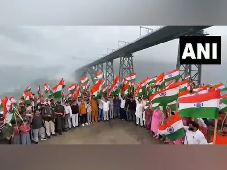 Local residents held a Tiranga rally near Chenab Bridge in Reasi (Photo/ANI)