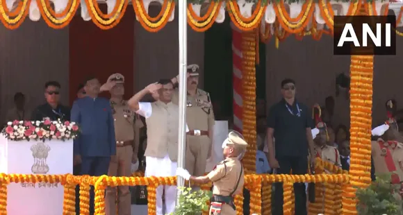 Assam Chief Minister Himanta Biswa Sarma hoisting the Tricolour at Veterinary College Field, Khanapara in Guwahati (Photo/ANI)