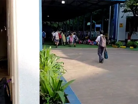 Students at BGS were seen outside the buildings as a precautionary measure (Photo/ANI)