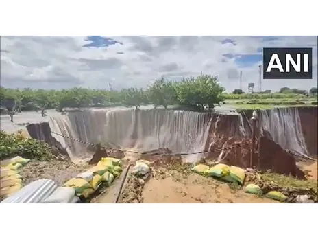 Rajasthan: A big portion of land caves in due to heavy rainfall in Sawai Madhopur. (Photo/ANI)