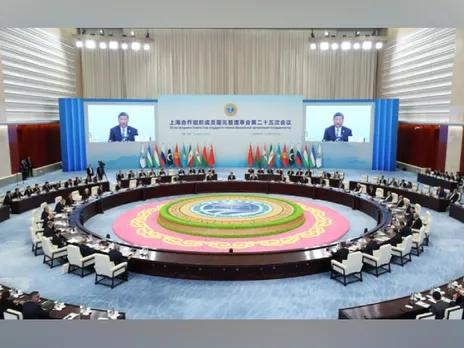 Leaders and delegates at the 25th Shanghai Cooperation Organisation Council of Heads of State meeting in Tianjin, China (Image: X/@China_Amb_India)