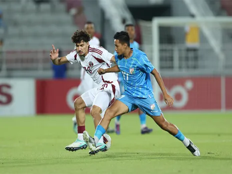 Players in actiond during India and Qatar clash. (Photo/AIFF)