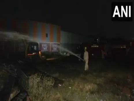 Fire tenders trying to bring the blaze under control at Oil warehouse in Indore’s Palda Industrial area (Photo/ANI)