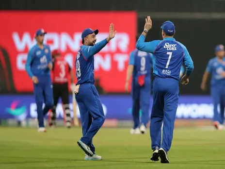 Rashid Khan celebrating with Mohammad Nabi (Photo: @ACBofficials/X)