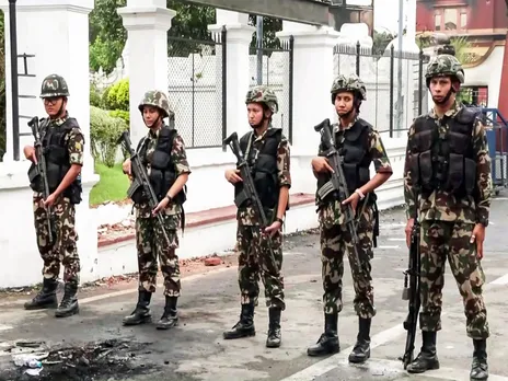 Army personnel stand guard outside the Nepal Rashtrapati Bhawan (Photo/ANI)