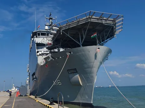 Indian Navy’s Diving Support Vessel INS Nistar docked at Changi Naval Base in Singapore during its maiden port call for Exercise Pacific Reach 2025 (Image: X/@indiannavy)