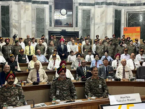 Defence Minister Rajnath Singh interacts with veterans of the 1965 war (Photo/ANI)
