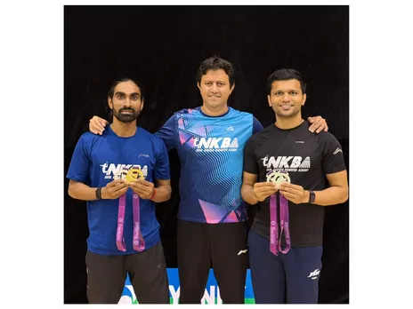 India's para-shuttlers Pramod Bhagat (First from left), Sukant Kadam (First from right) after winning medals in China Para Badminton International 2025 (Image: PCI media)